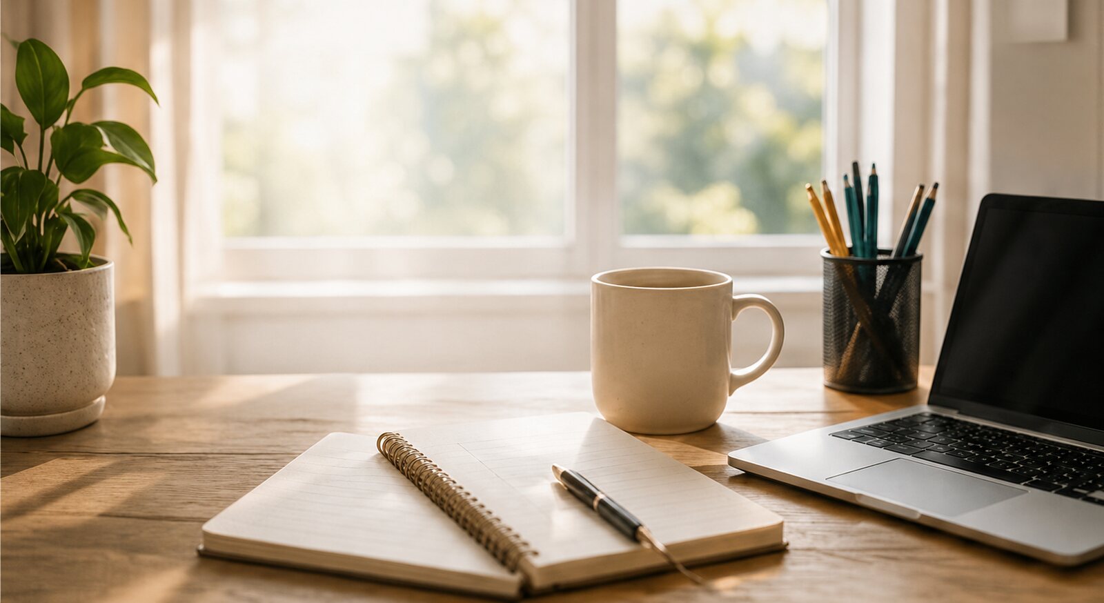 A calm, naturally lit workspace with a blank notebook, mug and laptop