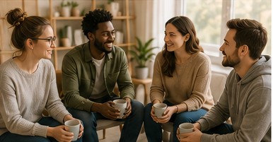 A diverse group of adults talking in a welcoming support setting