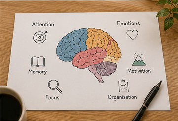 Illustration showing areas that can be affected by ADHD, including attention, emotions and organisation